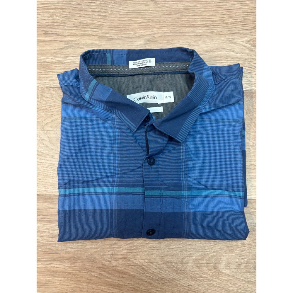 Calvin Klein Mens XL Slim Fit Blue Plaid Short Sleeve Button Down Cotton Shirt